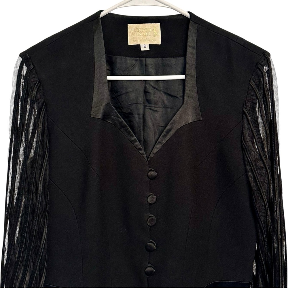 Vintage Alberto Makali Black Sheer Sleeve Blouse Black Tux Suit Jacket Top 6 M - Picture 3 of 8